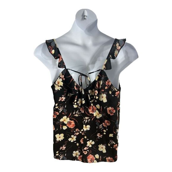 Maurices Black Pink Floral Blouse Size 0 Ruffle Neck Sleeveless Tie Pullover - Picture 9 of 10